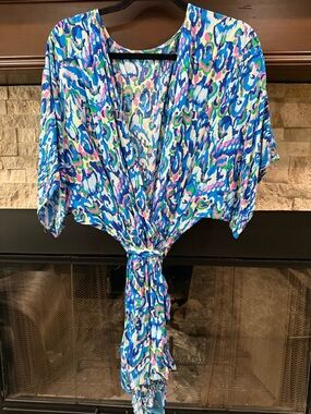 Cupshe Multicolor Tie-Front Short Sleeve Romper in Blue, Pink, Green